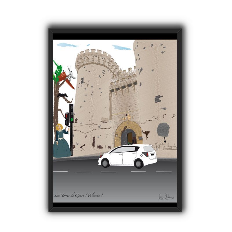 Editable blank picture frame on brick wall with shadow and sunsh