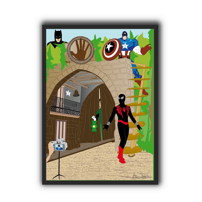 Editable blank picture frame on brick wall with shadow and sunsh