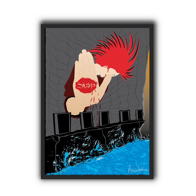 Editable blank picture frame on brick wall with shadow and sunsh